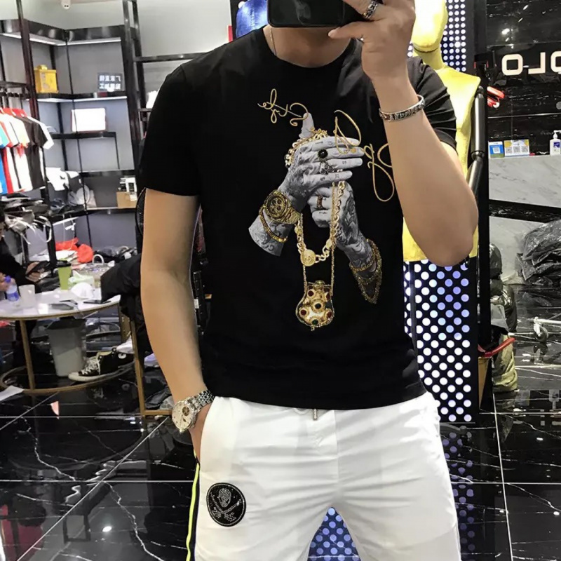 男士夏季新款个性潮流修身网红印花烫钻T恤男潮半袖潮牌