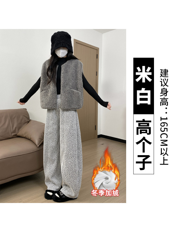 灰色毛呢裤女秋冬季加绒灯芯绒直筒小个子加厚羊羔绒阔腿裤子