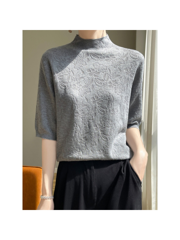 夏季薄款半高领提花针织上衣女气质宽松显瘦百搭半袖五分袖打底衫