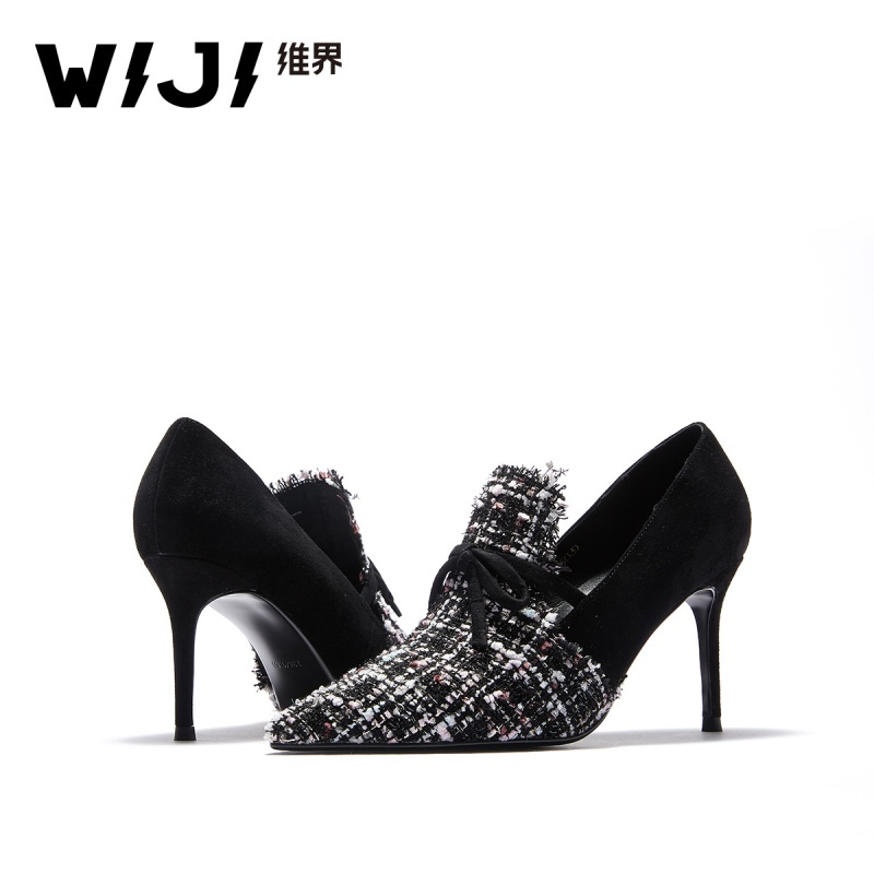 WIJI女鞋2018维界新款秋季细跟浅口高跟鞋宴会舞鞋ins潮品水钻鞋