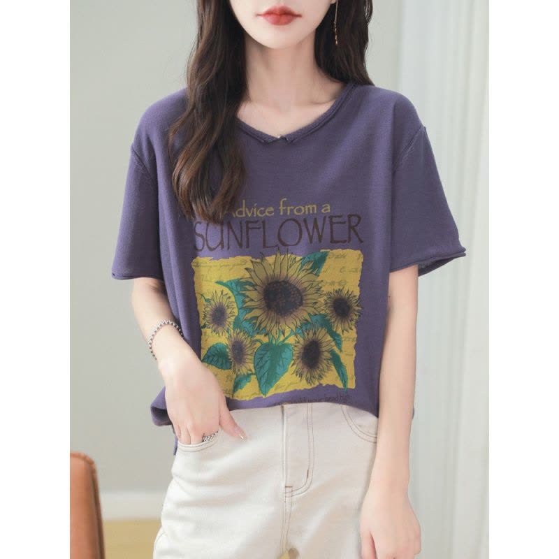 向日葵印花V领纯色T恤宽松休闲通勤春夏新款全棉舒适透气针织短袖图片