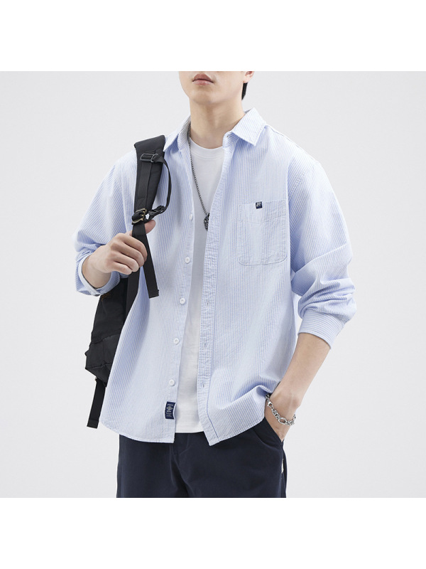 |美式休闲男士衬衫纯色早秋新长袖男生装衬衣潮流宽松外套