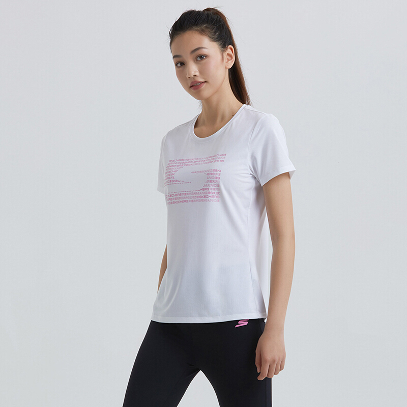 skechers斯凯奇女装新款短袖训练t恤衫撞色印花上衣smps219w007