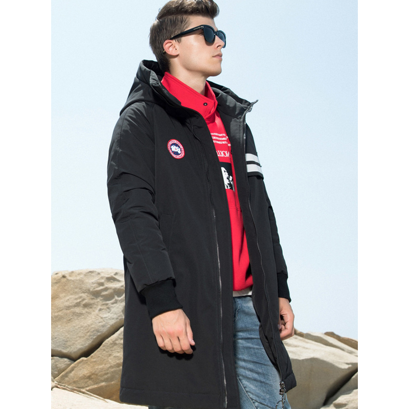 传奇保罗羽绒服男冬季男士中长款连帽拼接时尚休闲外套y18d067