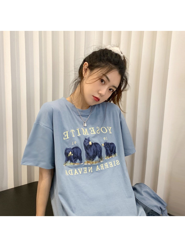 夏季韩版短袖T恤女中长款打底衫女卡通学生宽松上衣女装