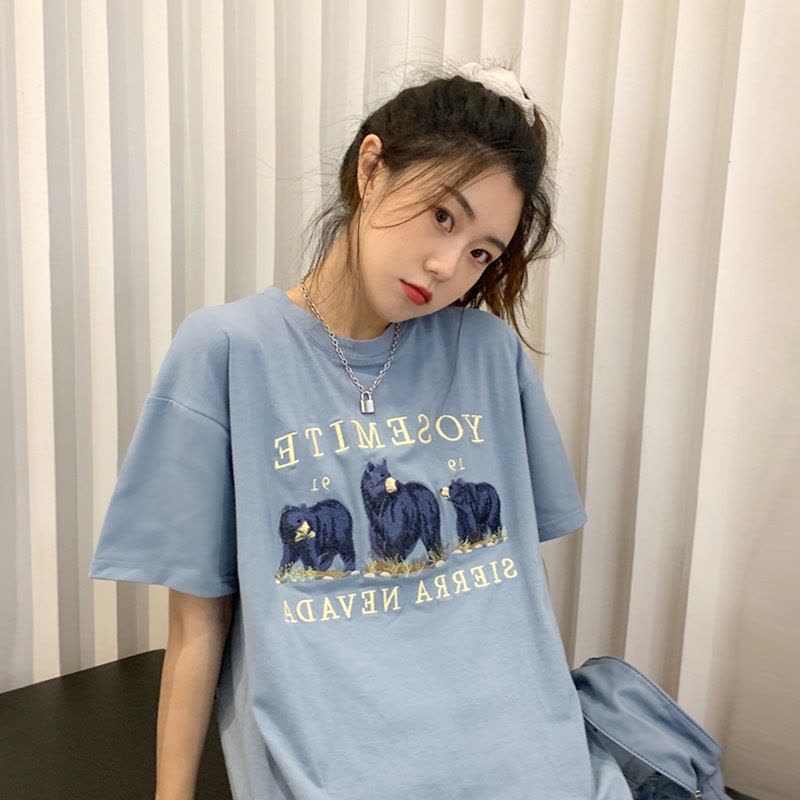 夏季韩版短袖T恤女中长款打底衫女卡通学生宽松上衣女装图片
