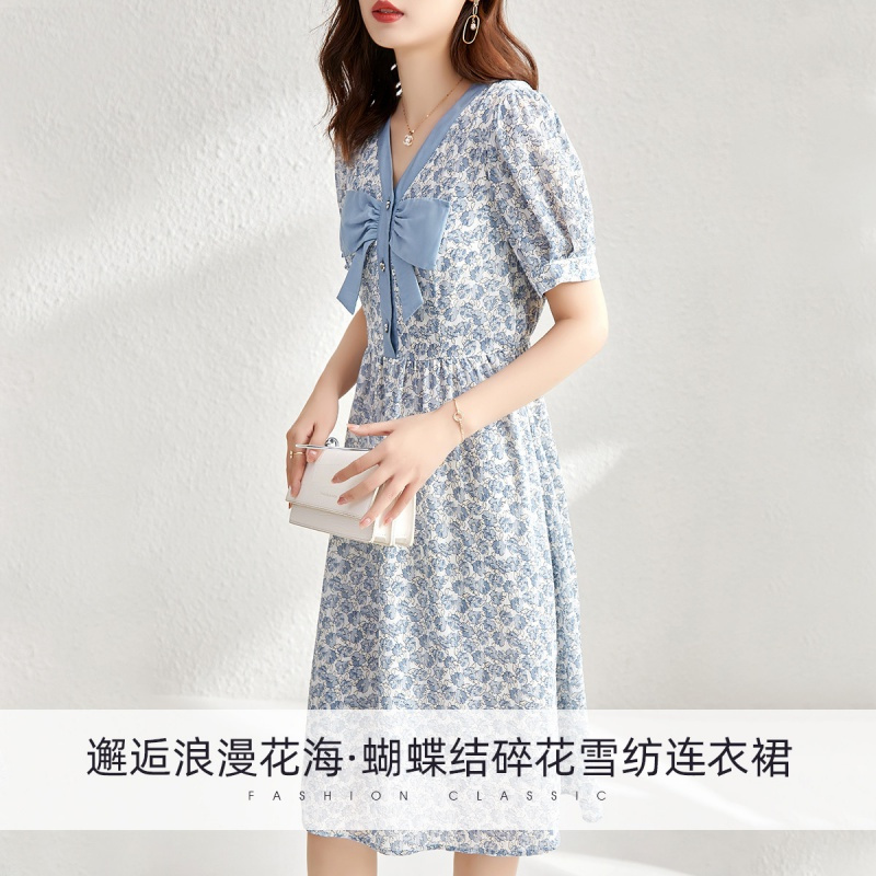 OUNIXUE欧昵雪 | [减龄蝴蝶结装修身裙]夏季甜美风V领碎花雪纺橡筋连衣裙女