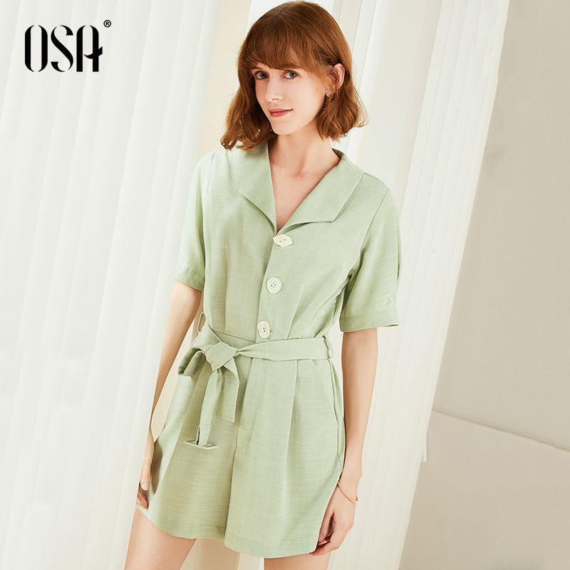 OSA欧莎阔腿连体裤女2019新款夏高腰显瘦裤子宽松韩版西装式短袖