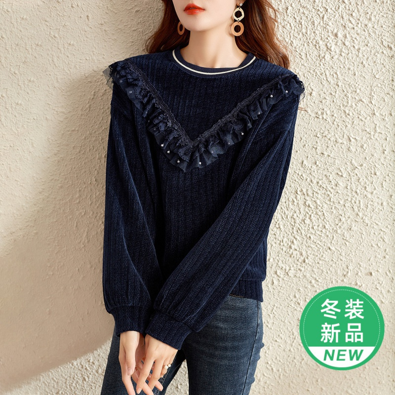 OUNIXUE欧昵雪 | [宽松雪尔绒上衣]秋冬季气质罗纹圆领拼接蕾丝网纱卫衣女