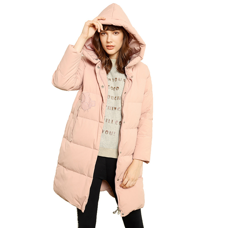 艾莱依2019秋冬新款可爱甜美不规则下摆中长款羽绒服女