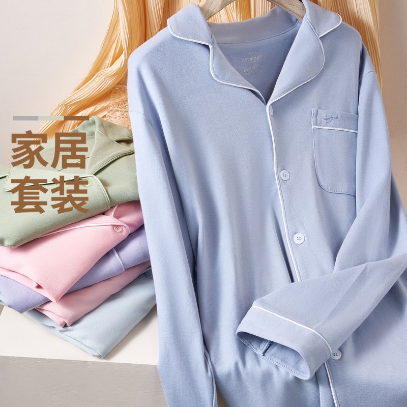 七匹狼100%棉开襟睡裤男女士睡衣家居服男女长袖套装春秋纯棉两件套