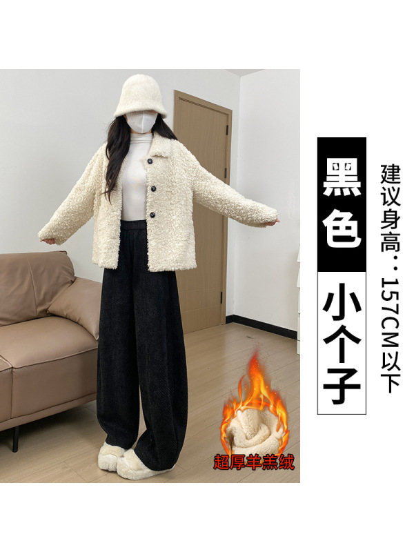 灰色毛呢裤女秋冬季加绒灯芯绒直筒小个子加厚羊羔绒阔腿裤子