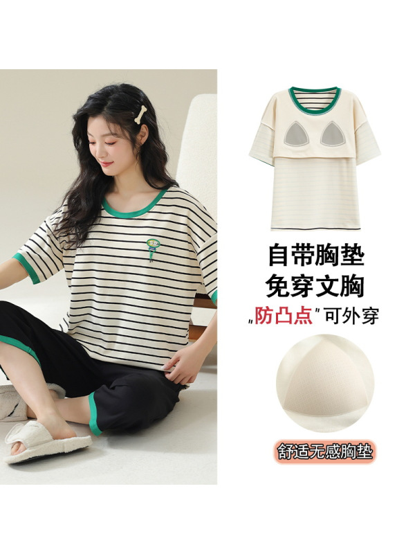 带胸垫睡衣女夏季短袖七分裤两件套爽棉圆领条纹睡衣家居服可外穿
