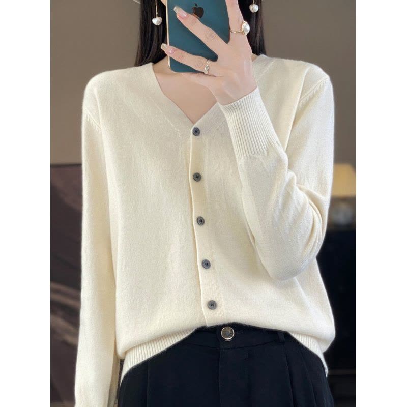 针织衫V领开衫女春秋新款毛衣外套安迪绒纯色短款外搭上衣图片