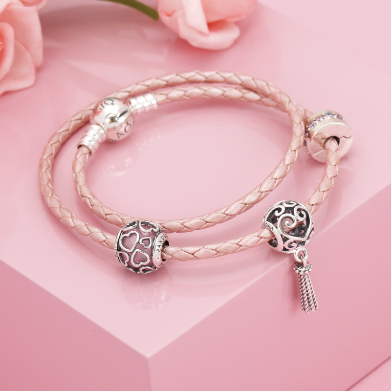 pandora潘多拉女款粉色手绳一生挚爱系列魔法流苏手饰双圈皮革手绳