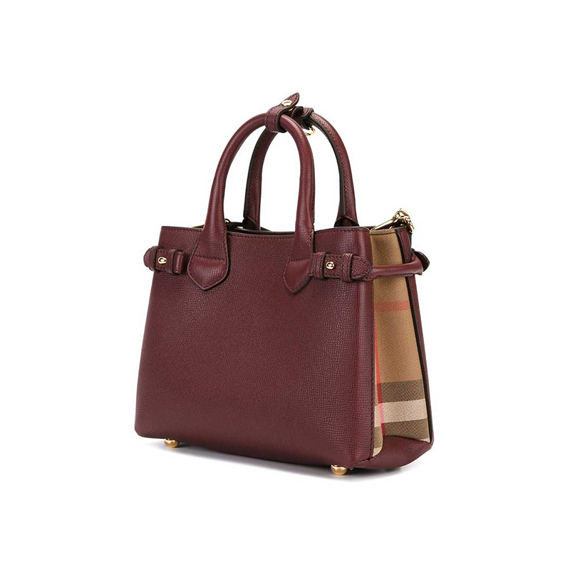 BURBERRY 博柏利手提包 女The Banner格纹欧美时尚 敞口单肩斜挎包 小号酒红色4023704