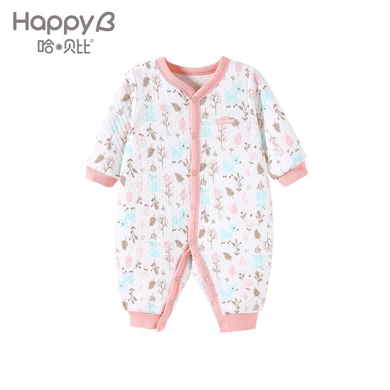 哈贝比冬季新生儿连体衣女宝宝哈衣婴儿三层保暖衣服外出爬爬服