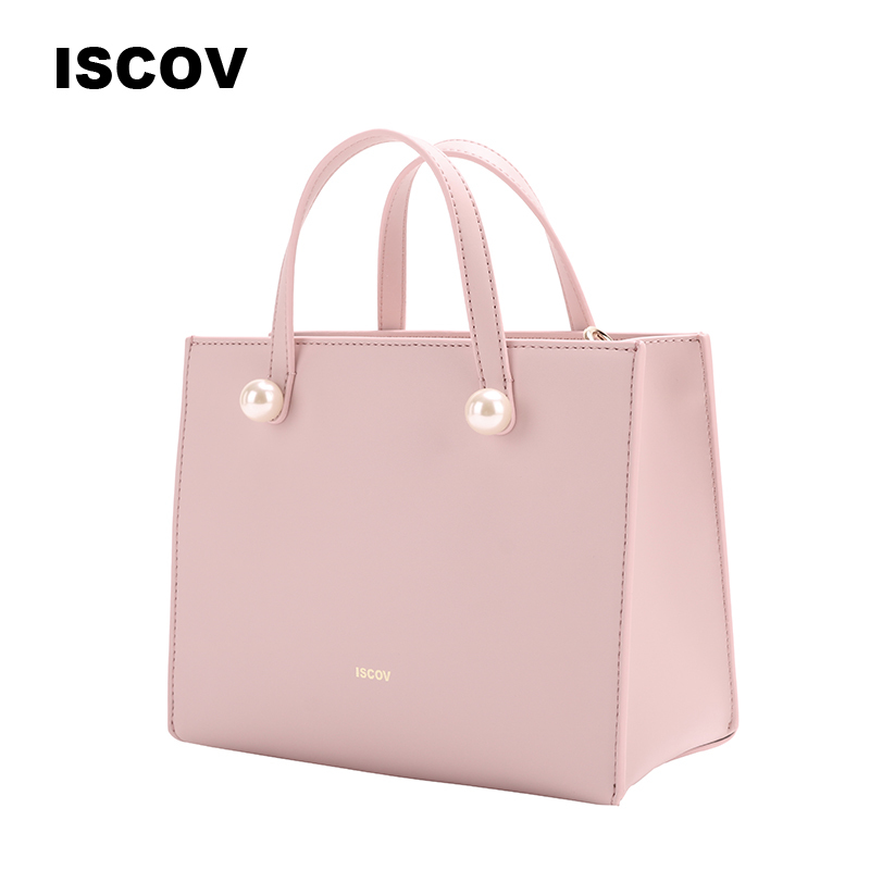 ISCOV真皮斜挎包 横款方形商务包OL单肩包珍珠手提包