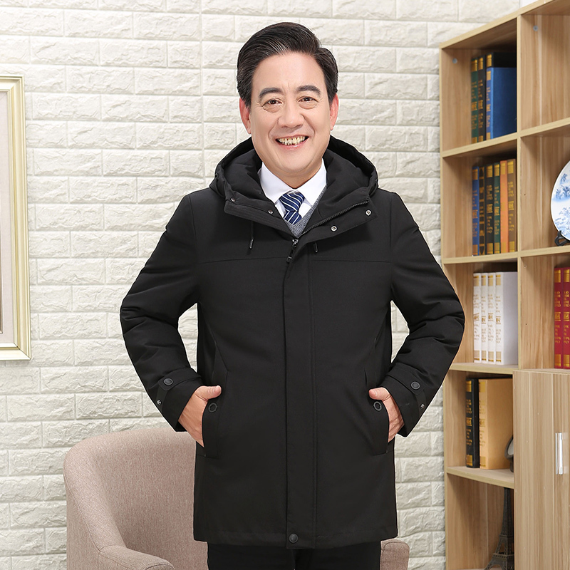 千仞岗中老年男款带帽中长款羽绒服秋冬纯色休闲厚外套
