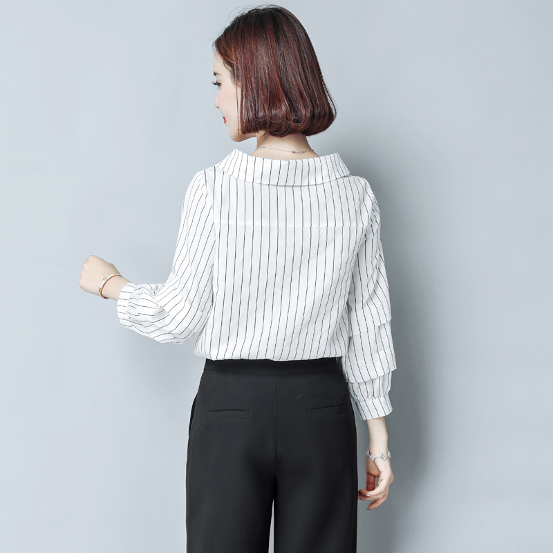 娃娃领衬衫女长袖2018新款女装韩范宽松chic早秋上衣条纹白衬衣