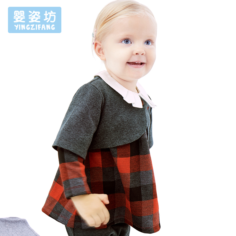 婴姿坊女童春秋新款套装娃娃翻领韩版纽扣格子小外套淑女两件套