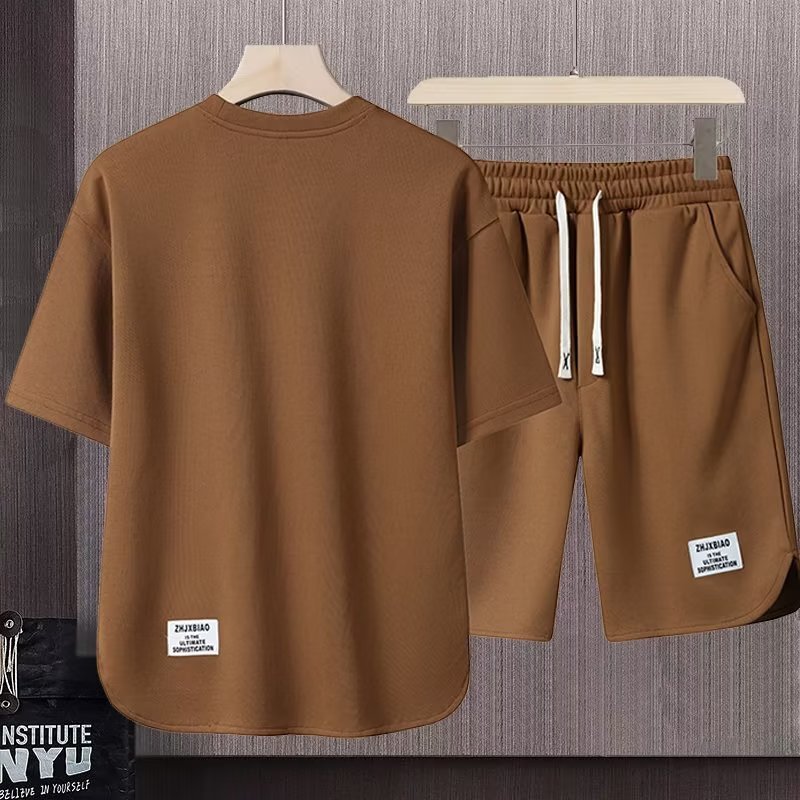 threesons短袖套装男士夏季新款潮流复古华夫格简约时尚五分袖上衣