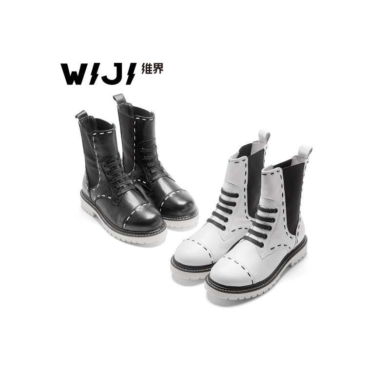 WIJI女鞋2017韩版冬季新款真皮时尚高筒靴潮流百搭个性休闲马丁靴