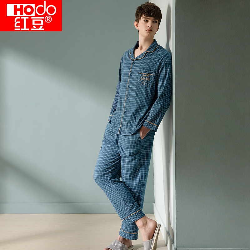 红豆(HODO)春夏男士长袖睡衣套装全棉翻领开衫可外穿家居服