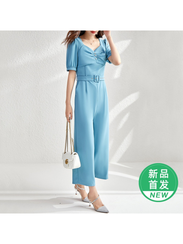OUNIXUE欧昵雪 | [时尚方领连体裤]夏季温柔短袖配腰带宽松阔腿裤女连身裤子