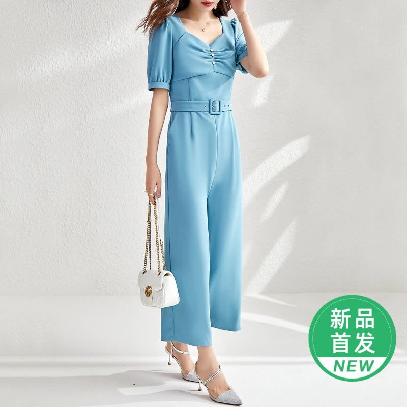 OUNIXUE欧昵雪 | [时尚方领连体裤]夏季温柔短袖配腰带宽松阔腿裤女连身裤子图片