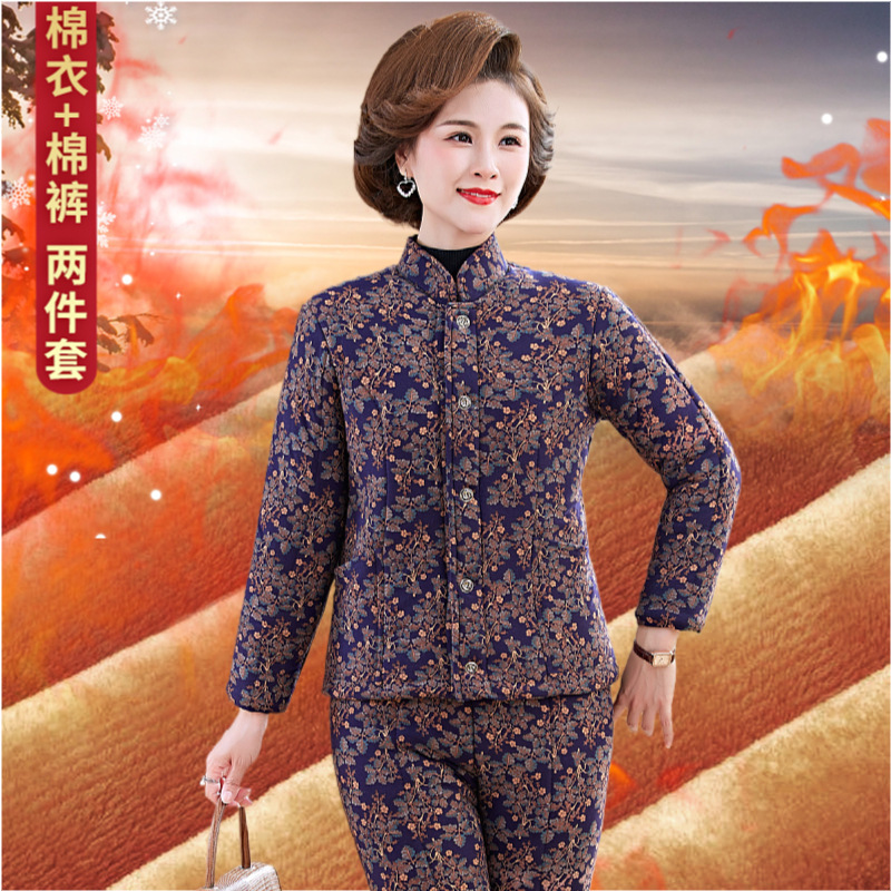 妈妈棉服秋冬季加绒加厚碎花棉衣高档气质大码民族风盘扣棉袄外套