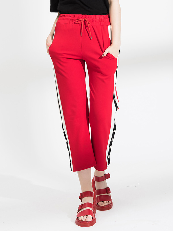 A&D街拍款百搭铆钉装饰时尚撞色阔腿裤休闲裤红色