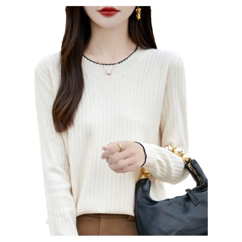 春秋冬新款安迪绒长袖针织衫女士圆领套头上衣坑条打底衫毛衣图片