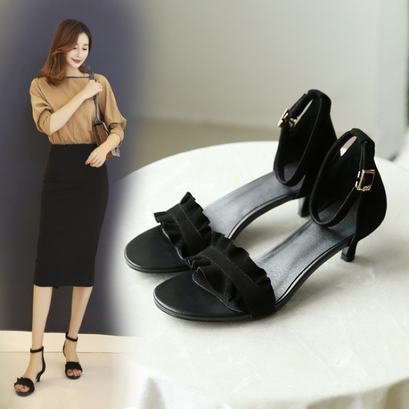 格瑞迪欧一字扣带凉鞋女4cm细跟中跟仙女高跟鞋韩版百搭女鞋2018夏季