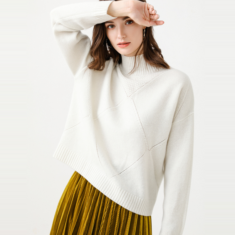 恒源祥半高领厚款羊毛衫女2019秋冬复古亮丝宽松毛衣落肩袖针织衫