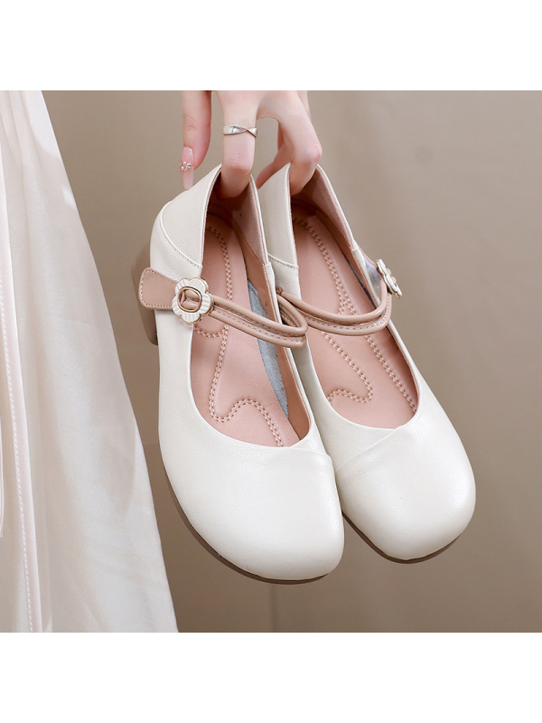 玛丽珍鞋女秋季复古牛皮圆头浅口四季单鞋中跟搭扣两穿乐福鞋