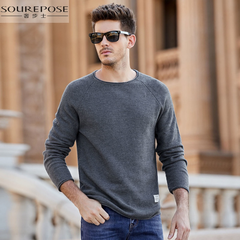 奢步士男装秋季新款男士圆领毛衣纯色套头休闲针织衫青年