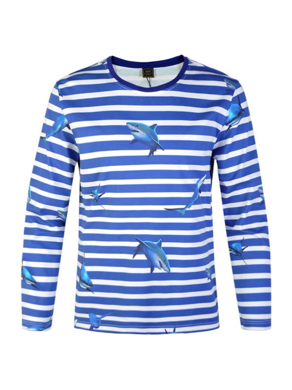 古老鲨鱼秋冬男士海洋生物印花t恤男纯棉时尚条纹圆领长袖t恤