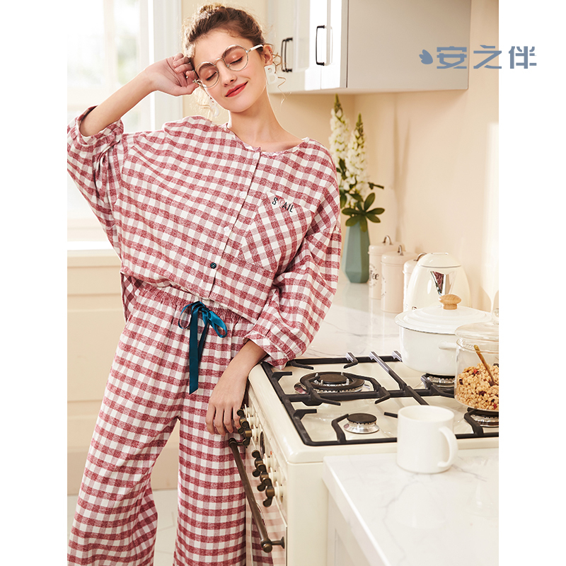 安之伴睡衣女春季圆领套装梭织家居服