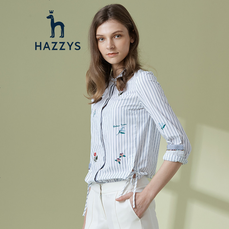 哈吉斯hazzys 春季新款女衬衫立领刺绣文艺衬衣