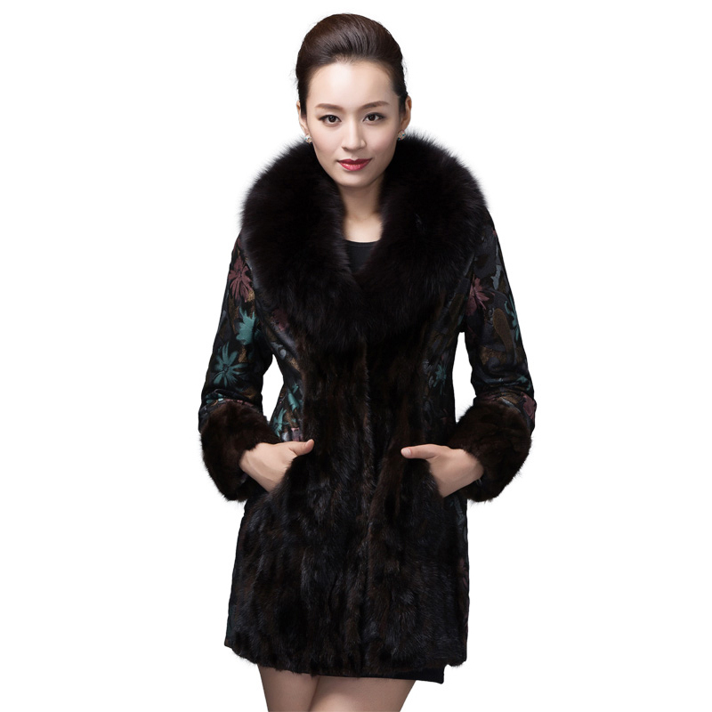 憨厚皇后 冬季新款海宁真皮皮衣女狐狸毛领中长款修身绵羊皮夹棉外套70
