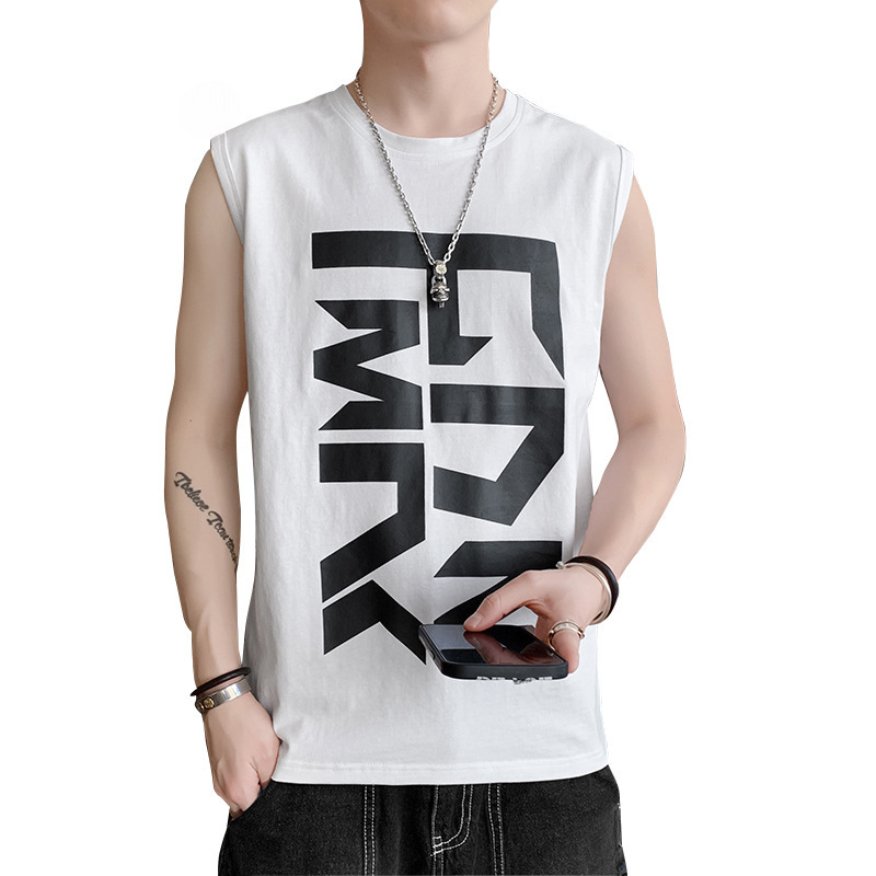 夏季新款无袖t恤男个性潮流运动坎肩休闲纯棉印花潮牌上衣男