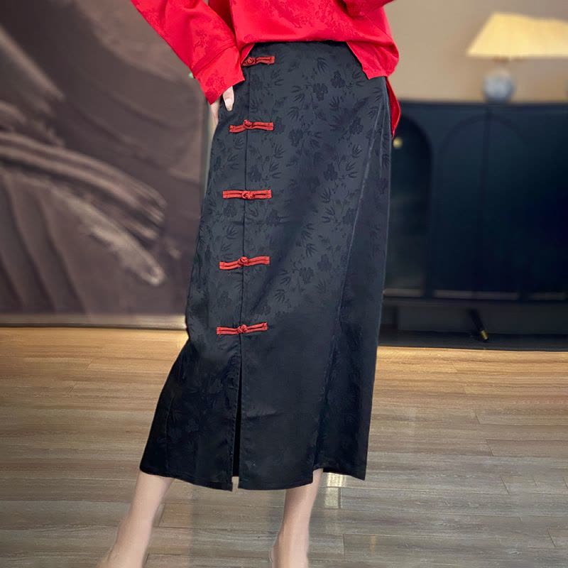 批国风复古半身裙女春秋新款醋酸缎面提 花太太气质开叉A字裙图片