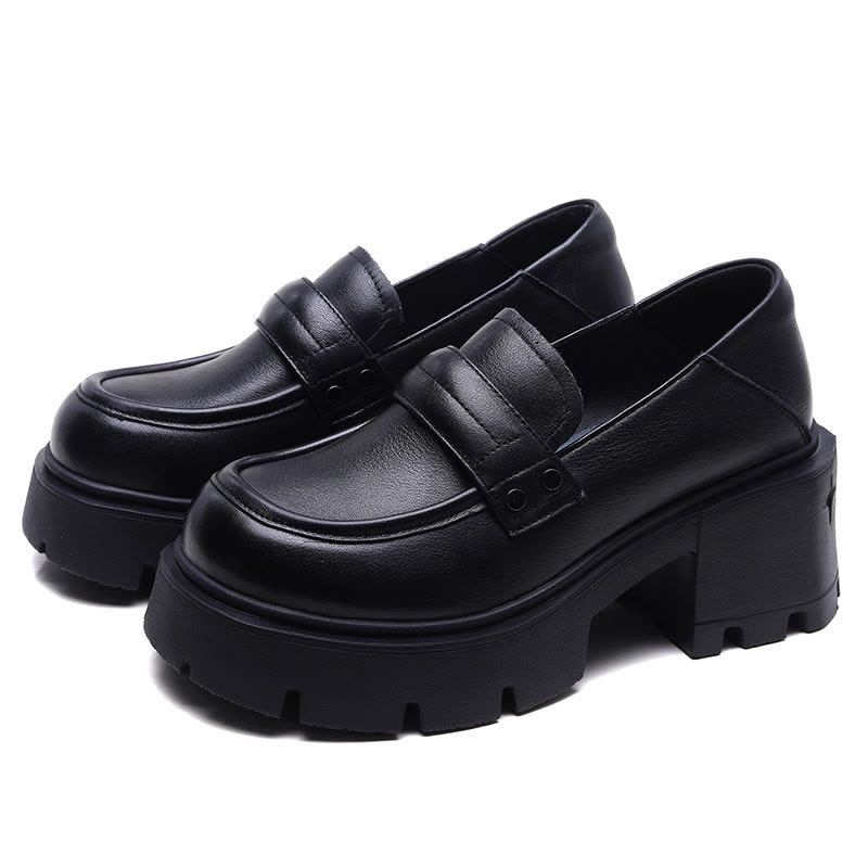 真皮英伦风小皮鞋女粗跟百搭单鞋秋季新款圆头厚底深口乐福鞋图片