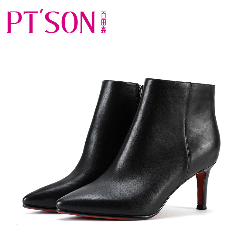 ptson/百田森女靴磨砂尖头高跟细跟短靴秋冬女鞋小跟靴子