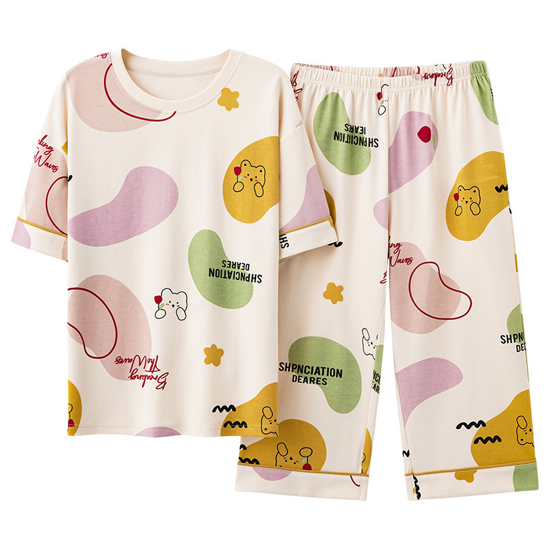 睡衣女士夏季棉质短袖七分裤可爱卡通韩版可外穿青少年家居服套装