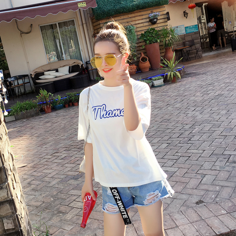 MolaLuna2018夏季女士韩版印花宽松百搭常规款基础短袖T恤女