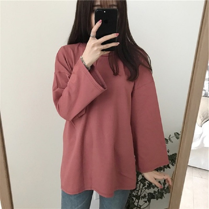 女装秋冬韩版新款纯色圆领长袖T恤女宽松百搭打底衫上衣