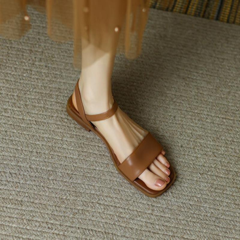 格瑞迪欧 牛皮一字带凉鞋女夏季新款牛皮复古女鞋学生简约休闲露趾低跟凉鞋M7452