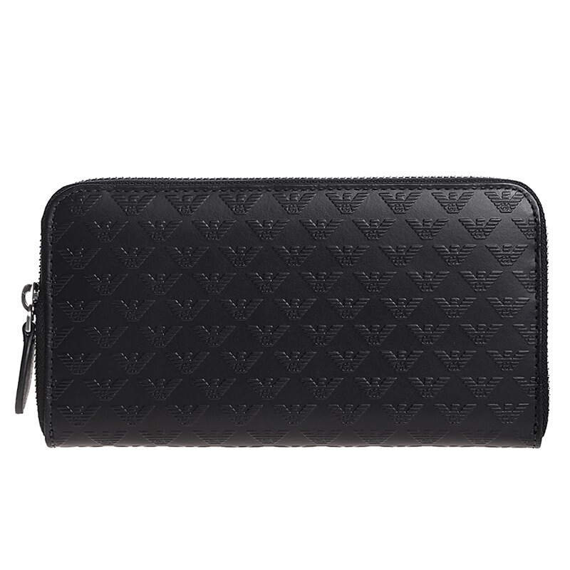 emporioarmani阿玛尼男士黑色logo浮纹牛皮拉链长款钱包yeme49yc
